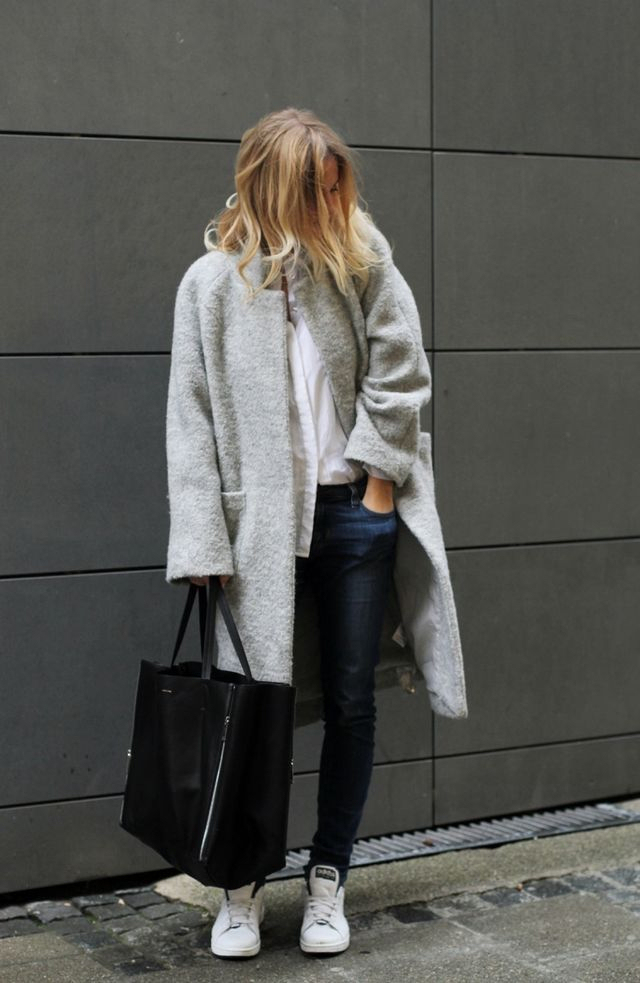 manteau gris clair long femme