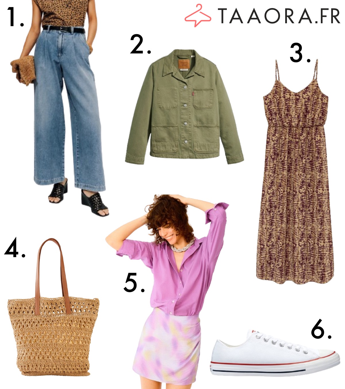 Collection mode femme avec jean palazzo, veste kaki Levi's, robe bohème, cabas en paille, chemise violette et baskets Converse blanches