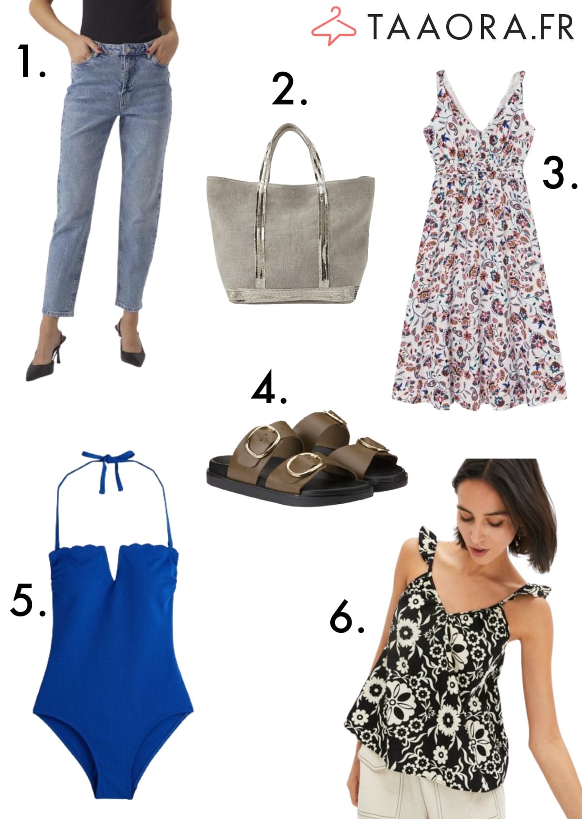 Mode été 2024 femme : jean mom, grand sac Vanessa Bruno, robe imprimé floral, sandales à boucles, maillot de bain bleu électrique, top à motifs noir et blanc